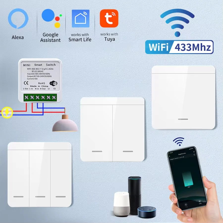 Tuya สมาร์ท WiFi สวิทช์ RF 433MHz สวิตช์ไฟไร้สาย 1/2/3Gang สวิทช์ผนัง Smart Life APP ควบคุมเสียงด้วย alexa Google Home 1