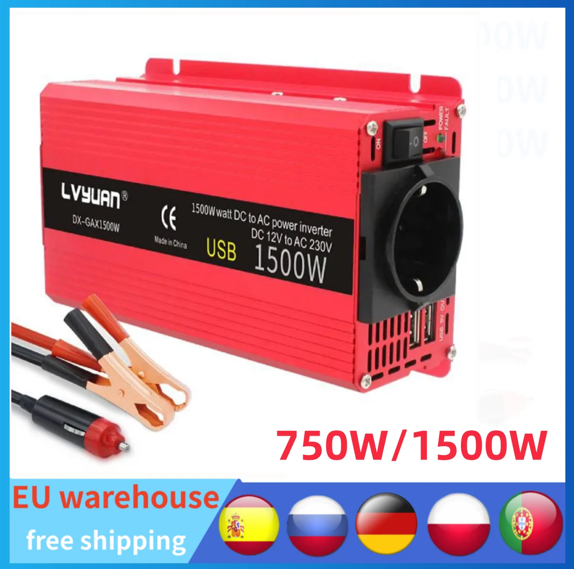 Inverter Per Auto 1500W Potenza Dc 12V A Ac 110V/220V 230V Convertitore Adattatore Di Ricarica Doppio Usb Omvormer Solare 12 Naar 220 Volt Europa
