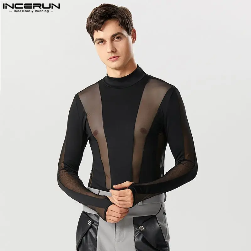 INCERUN Sexy Fashion Style Men's Jumpsuits Splice See-through Mesh Rompers Casual Party Shows Thimble Long Sleeve Bodysuit S-5XL
