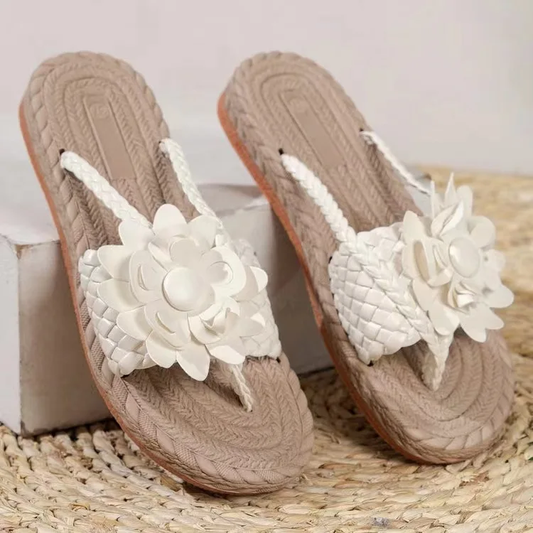 Women Fashion Casual Shoes Flat Vacation Holiday Slippers for Woman Braided Floral Pattern Open Toe Beach Flip Flops 2026