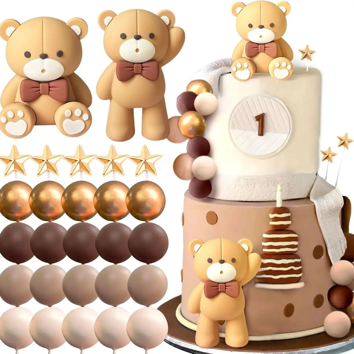 Décorations Gâteau Ours Et Boules En Mousse - 19 Pièces, Thème Ours, Pour Anniversaire, Mariage, Fête