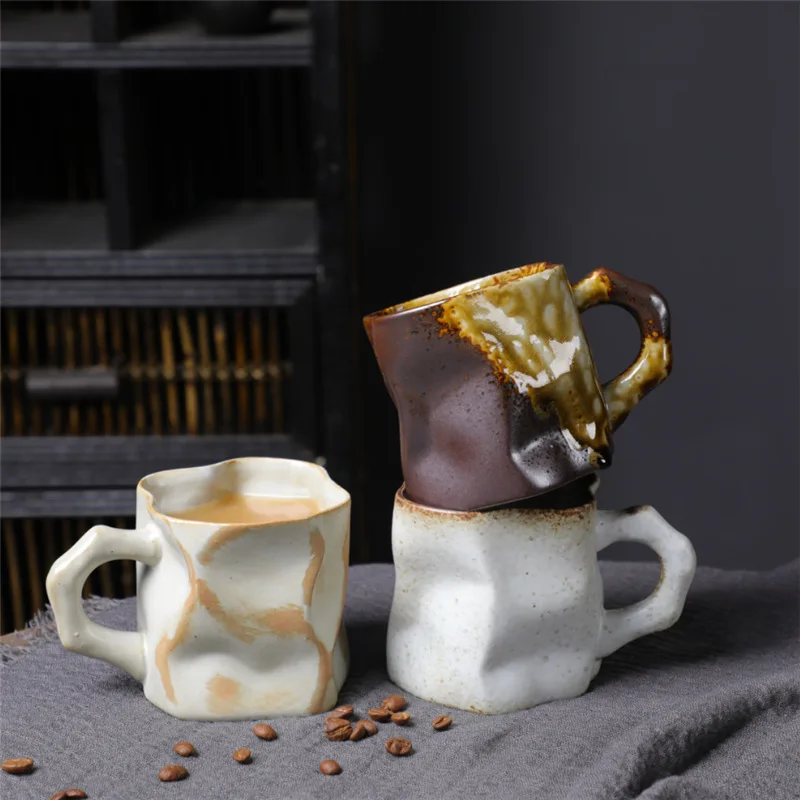 

Irregular Shape Ceramic Tea Cups with Handle Retro Drinkware Milk Coffee Mug Home Kitchen Creative Pottery Mugs Coffee Cup Retro