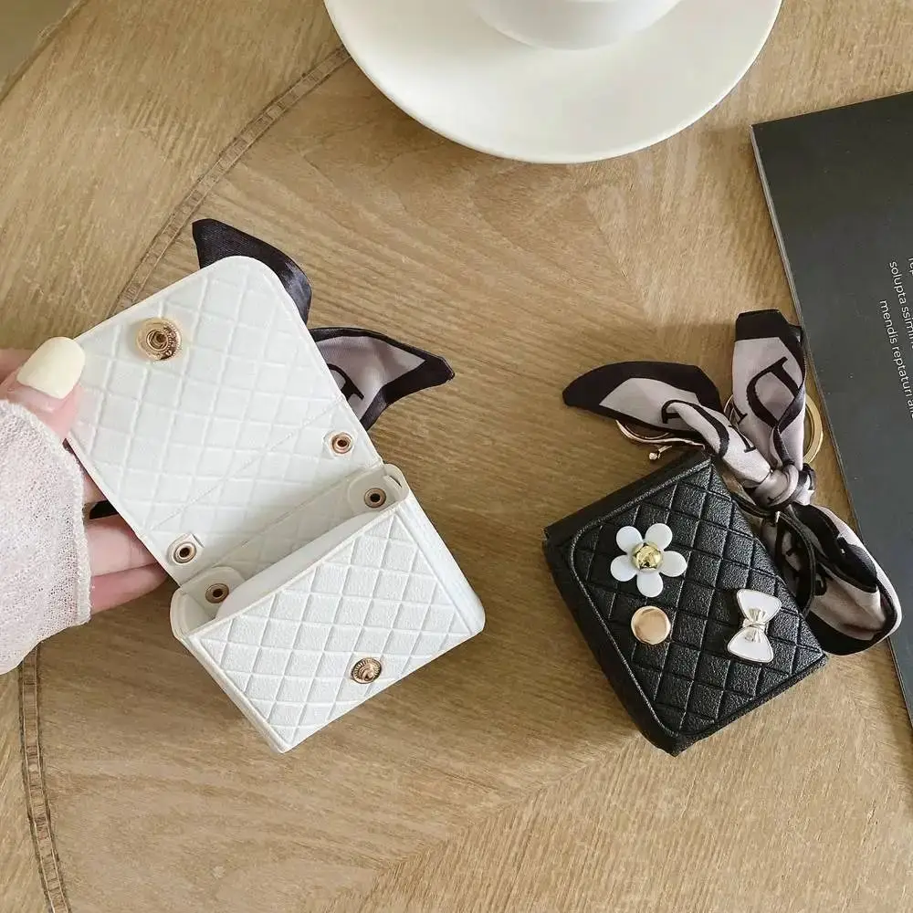 Mini Silk Scarf Earphone Storage Bag Solid Color Leather Coin Purse Creative Keychain Pendant Bluetooth Headset Cover