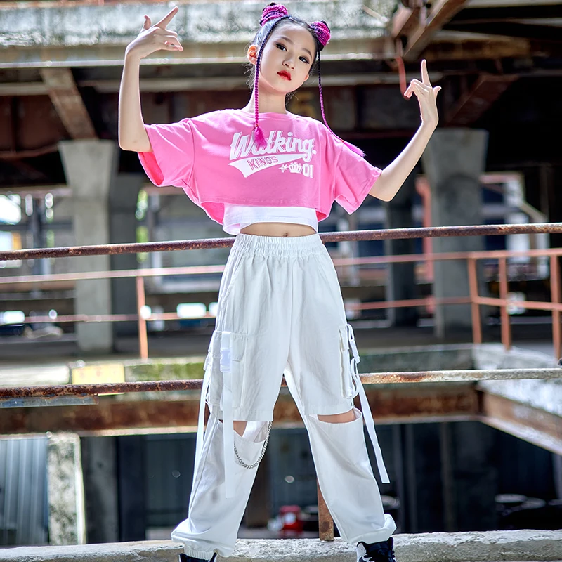 

Hip Hop Girls Clothing Jazz Costume Pink Tops White Cargo Pants Kpop Outfits For Kids Performance Modern Dancing Clothes DN12358