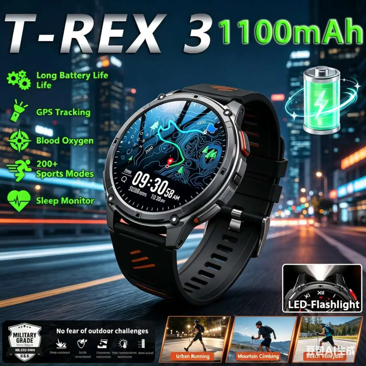 2026 New T-REX3 Ultra 1100mAh Battery GPS SmartWatch 10ATM Waterproof Compass Flashlight 1.7" AMOLED Call Sports Smart Watch Men