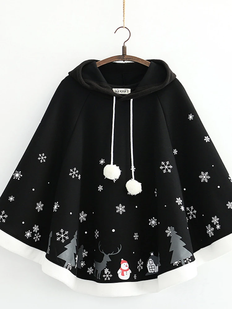 

Women's Poncho Fleece Hooded Cape Coat 2023 Cartoon Print Batwing Sleeve Bat Sleeved Female Winter Outwear Jacket