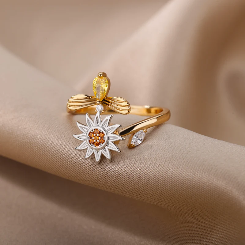Spinner Sunflower Bee Anxiety Ring Rotatable Adjustable