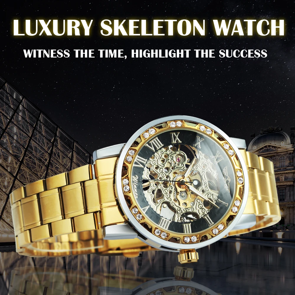 Mechanical Watch WINNER Transparent Skeleton Watch for Men Mechanical Wristwatches Diamond Watches Mens Luxury Stainless Steel Strap Unisex Clock