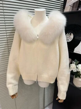 Women's Hooded Knitted Cardigan, Loose Fur Collar, Monochromatic Coat, Zipper Design, Casual Fashion, Winter, New, 2025 1