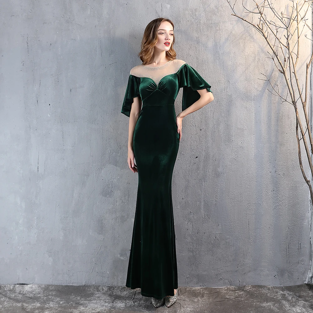 Formal Dress For Women See Through Tulle Neck Flutter Sleeve Sexy Velvet Dress For Wedding Guest