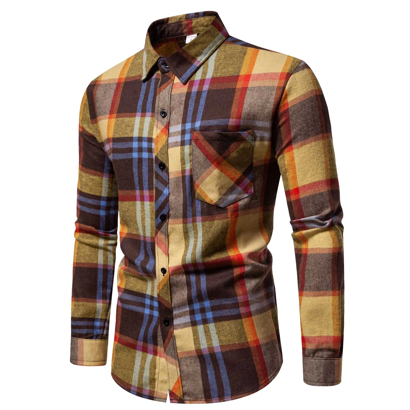 

Mens Long Sleeve Plaid Shirt Yellow Checked Blouse Chest Pocket High-Quality Male Casual Regular-Fit Tops Button Down Shirts
