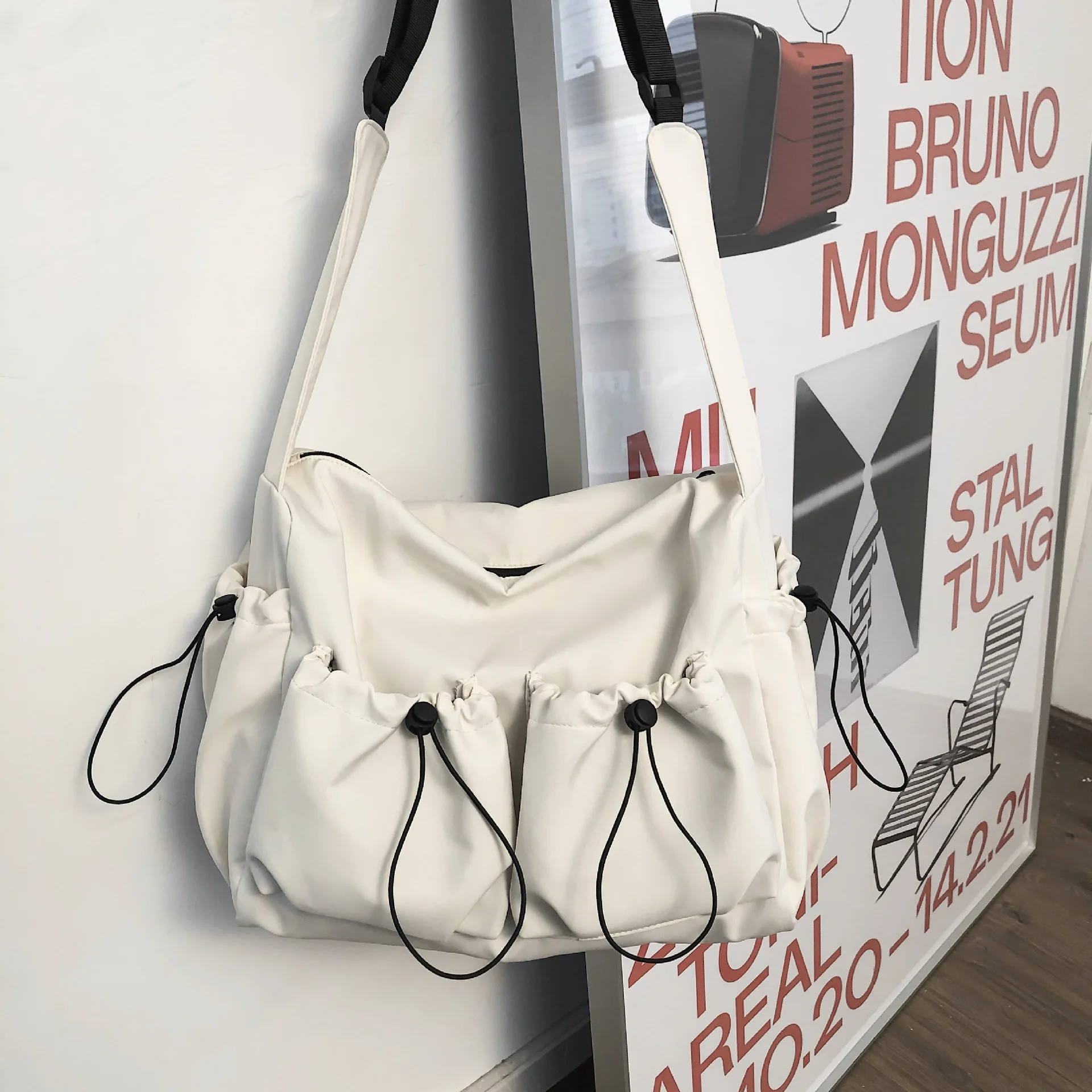 Polyester Astarlı Moda Çift Omuz Çantası, Yan Cepli Kampüs Öğrenci Crossbody Çanta, Genç Siyah Naylon Messenger Çanta