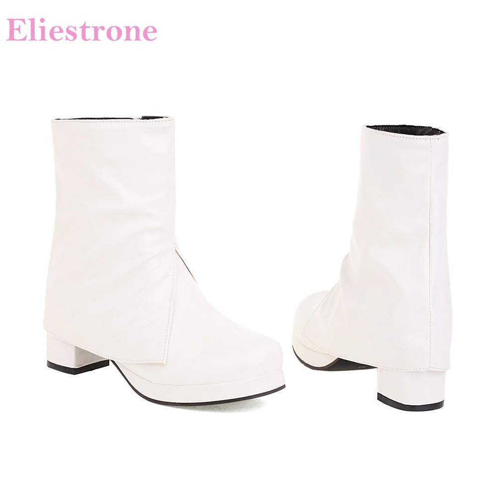 

Winter New Warm White Brown Women Mid Calf Boots Hot Platform High Heels School Lady Shoes Small Big Size 11 30 43 46 48