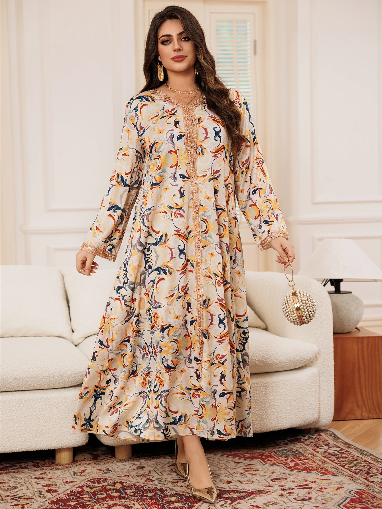 فستان ماكسي نسائي متعدد الألوان ، أكمام طويلة ، دا...