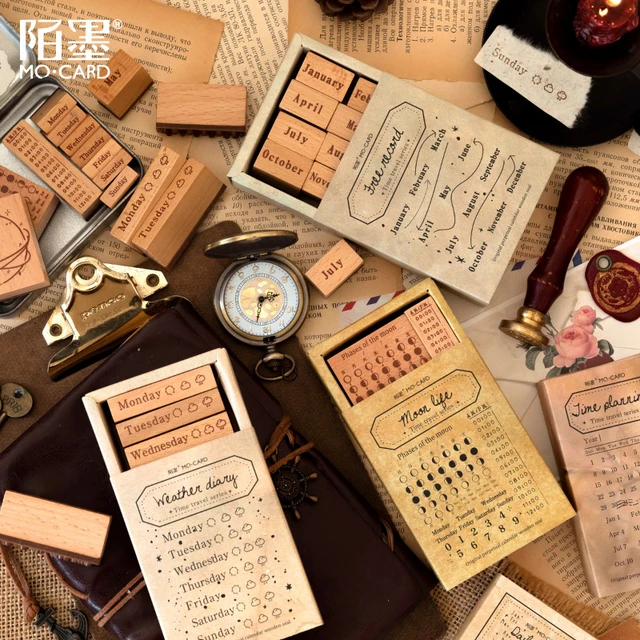16pcs/1set Vintage Wooden Stamp DIY Time Calendar Wood Rubber Stamps Set  for Journaling Crafts Card Making Painting Teaching