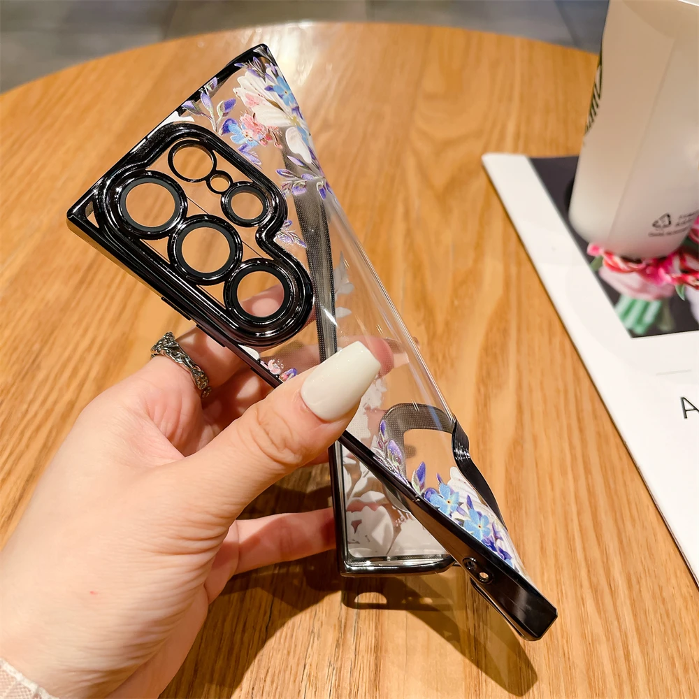 For Samsung S23 Ultra Luxury Plating Logo Hole Case For Samsung Galaxy S23 Ultra S22 Plus Flower Camera Film Transparent Cover- S59d01e6d13e0423e8270e121f53ebb27o