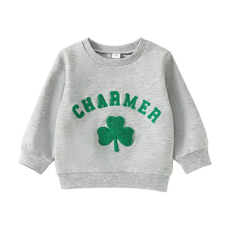 Baby Boys Girls Sweatshirts Fuzzy Shamrock Embroidery Long Sleeve Round Neck Tops Pullovers