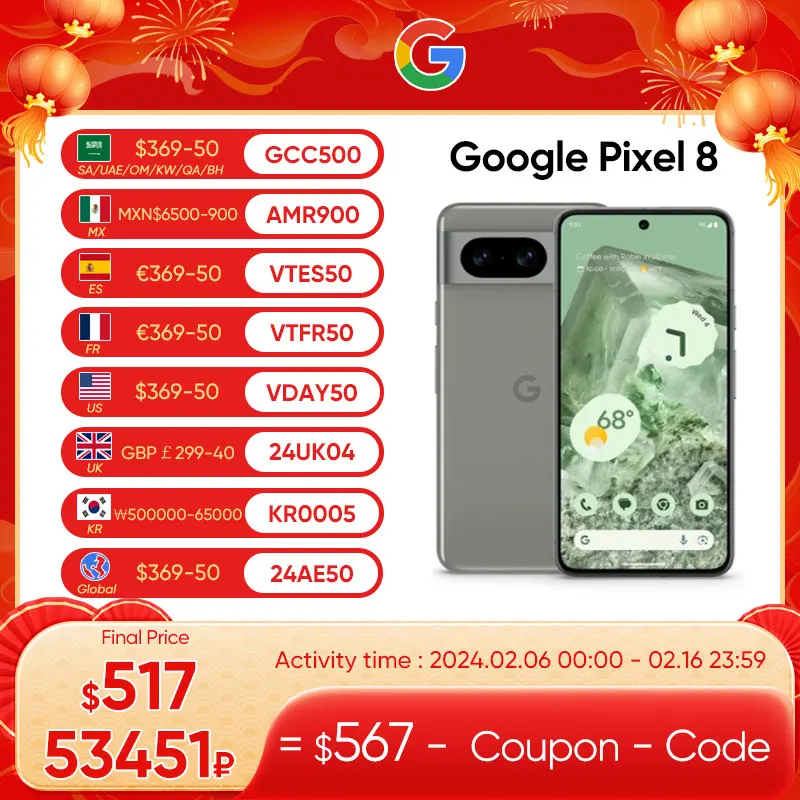 2023 Nuovo Originale Google Pixel 8 5G Google Tensor G3 8Gb Ram 128Gb/256Gb Rom Con Fotocamera Pixel Avanzata-Ossidiana, Nocciola, Rosa