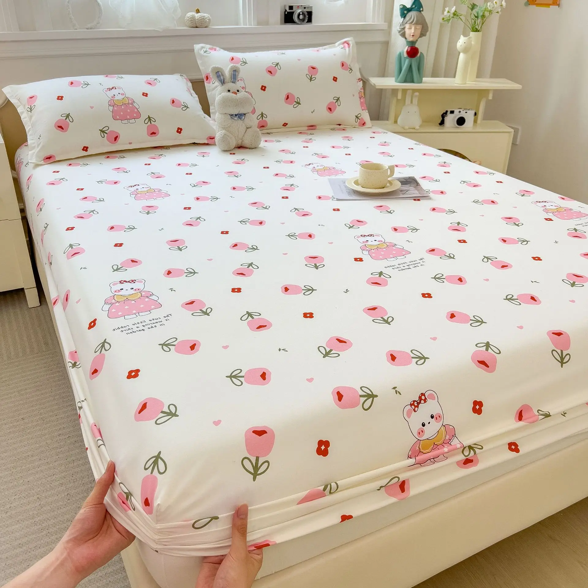 1pc White Bottom Heart Love Patterned Fitted Sheet,Matte Bedsheet, Bedroom Printed Bedspread, Bedding (Excluding Pillowcase) 6