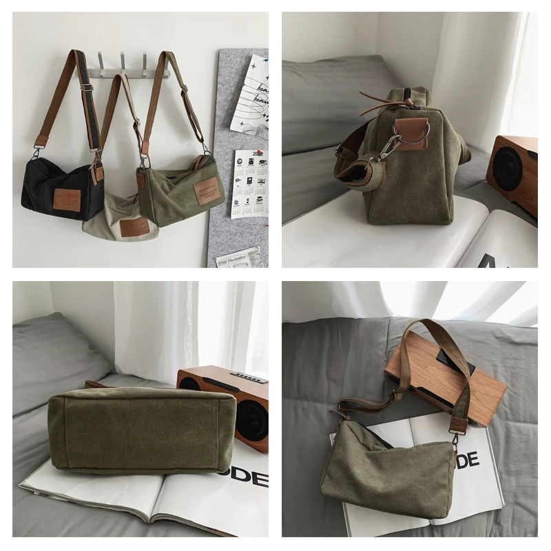 Canvas Bags For Women Trend Handbags Student Black Shoulder Crossbody Bag Vintage Eco Bag Korean Messenger Bag Y2K Satchel Belt