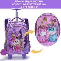 3PCS set Rolling Backpack For Girls Wheeled School BookBag With Lunch And Pen Bag Purple Unicorn Cute sequin Glow-in-the-dark 4