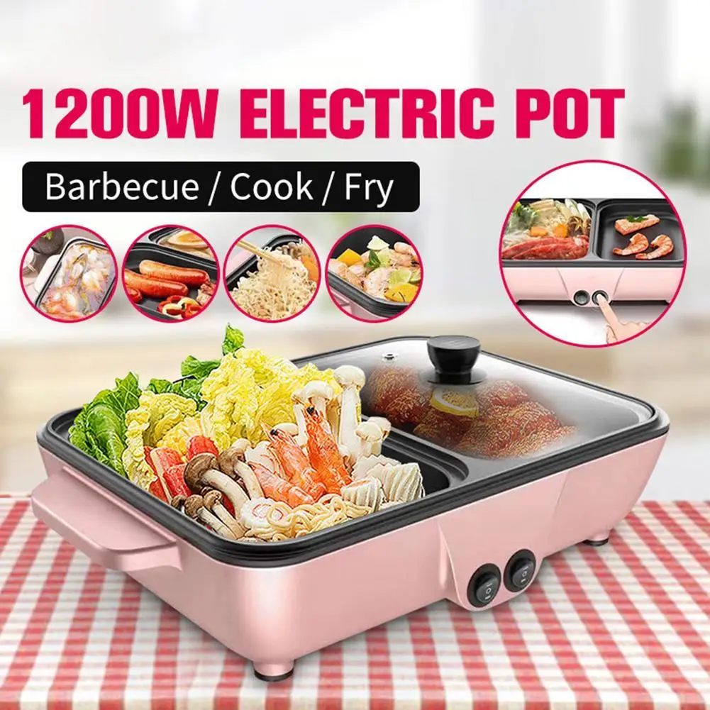 1200W Electric Hot Pot Cooker BBQ Grill 2 IN 1 Multifunctional Electric BBQ Grill Non Stick Plate Pan Electric Pressure Cooker