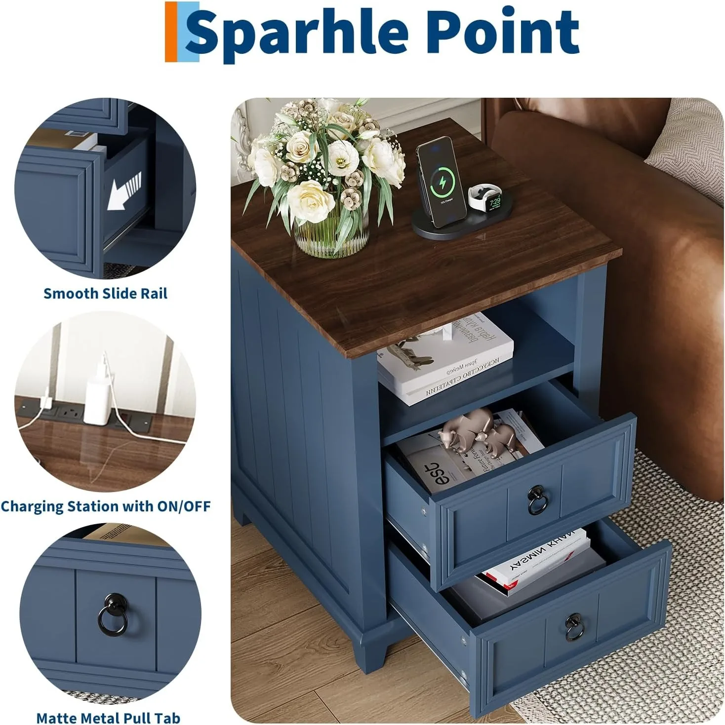 18 Inch Wood Nightstand with USB Charging Station Modern Fluted Bedside Table 2 Drawer End Table with Storage Shelf for Bedroom Living Room Home Office Apartment Dorm Blue 5 18 Inch Wood Nightstand with USB Charging Station Modern Fluted Bedside Table 2 Drawer End Table with Storage Shelf for Bedroom Living Room Home Office Apartment Dorm Blue 5