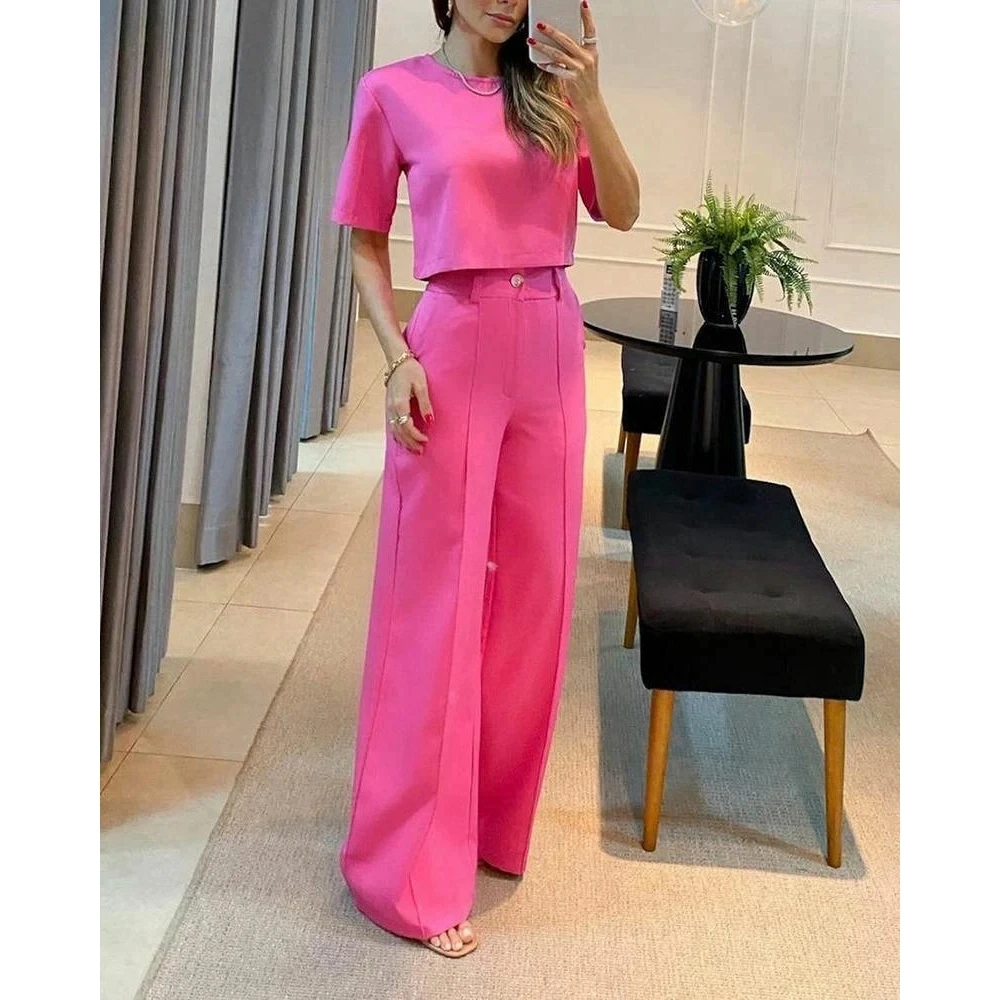 Women's Fashion Summer Casual O-neck Short Sleeve Top & Wide Leg Pant Sets Ensembles Femme Office Lady 2 Pieces Set Suits Ladys