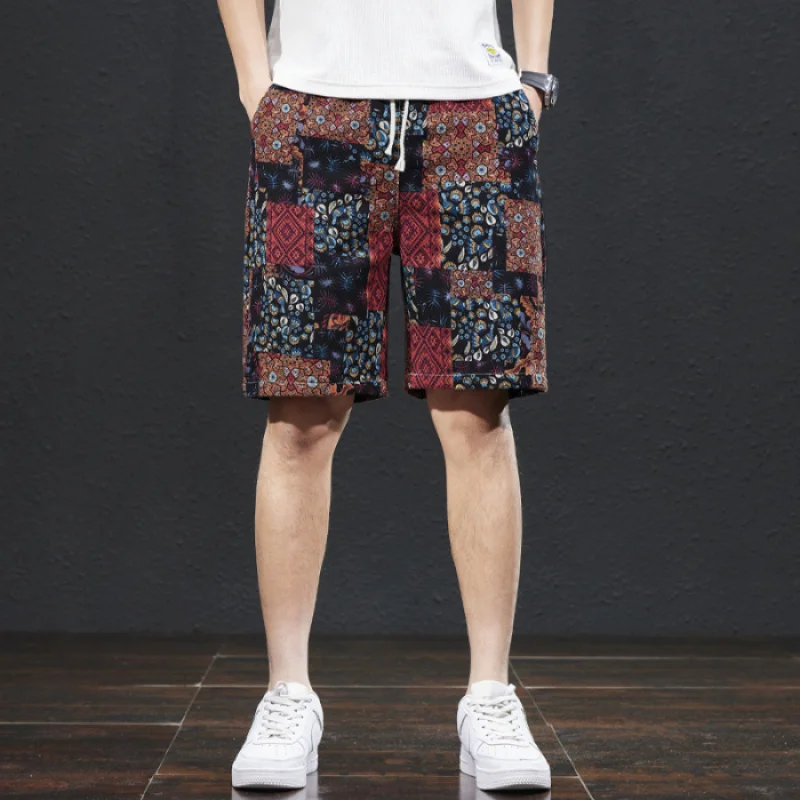 Beach pants men's summer thin ethnic style printed capris, trendy loose, elastic, breathable BOY's shorts 5