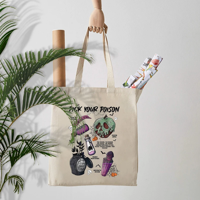 Pick Your Poison Printed Canvas Tote Bag Eco-friendly Reusable Shopping Bags Retro Casual Shoulder Bags New Halloween Party Gift