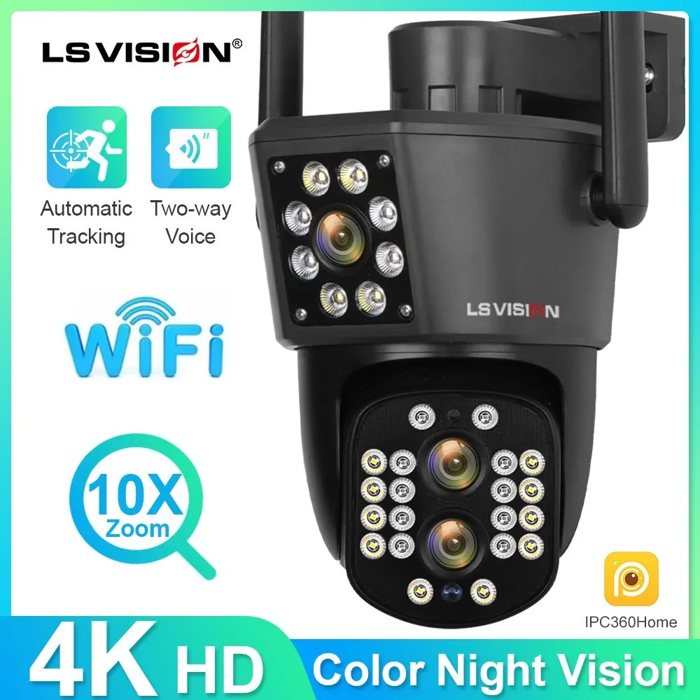 LS VISION Wireless Outdoor Camera with 4K 8MP, Waterproof Security Cameras Dual Screens, 3 Lens, PTZ, 10X Zoom,&Auto Tracking  and white 4k 8mp profession solar cameras wifi dual lens 10x ptz zoom with solar panel humanoid tracking security battery