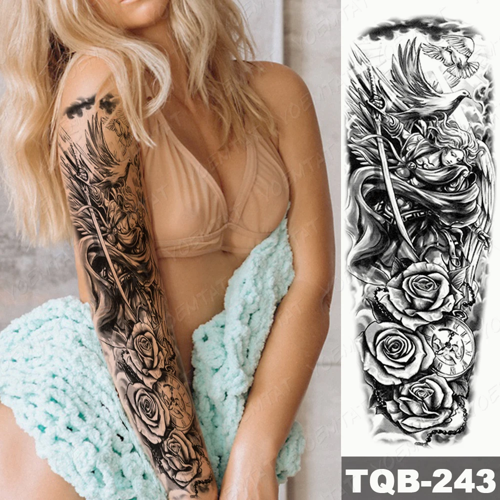 Large Full Arm Sleeve Waterproof Temporary Tattoo Sticker Anubis Egypt Time Eagle Rose Flower Fake Tatoo Body Art Men Women Leg 4