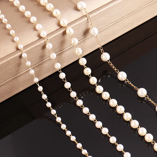 1M Stainless Steel 18k Gold Artificial Pearls with Crystal Beads Chains for  DIY Jewelry Making Women Necklace Findings Supplies