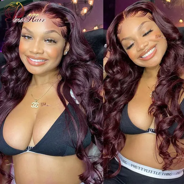 Perruques Lace Front Cheveux Humains Couleur Bourgogne Pré-Pluckées Body Wave 13x4 pour Femmes, Perruque Lace Front Remy 180