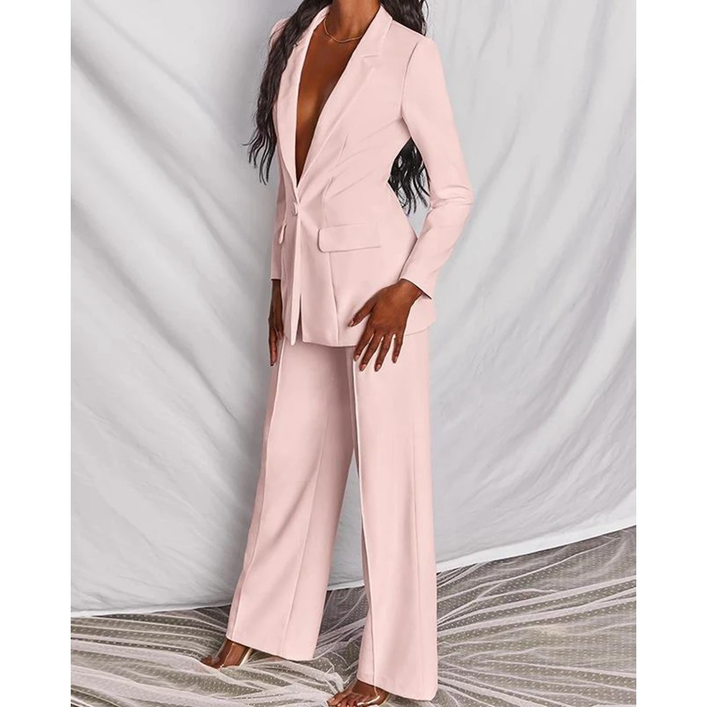 Women Notched Neck Single Button Top & Wide Leg Pants Set Female Two Pieces Blazer Suit Set Business Workwear Elegant Office