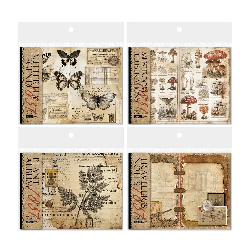 30Pcs material paper Retro collection vintage butterfly handbook decoration collage pack Old Book Plants Scrapbook 153*138MM 2