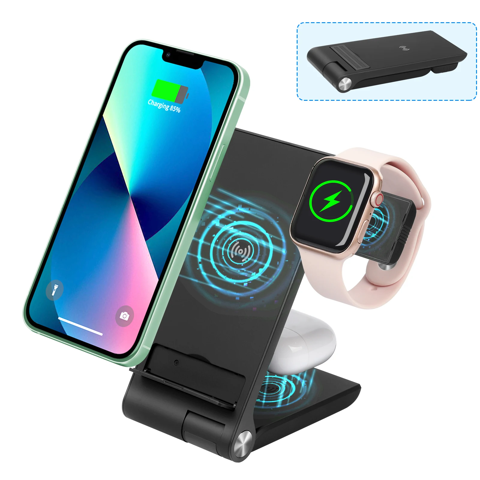 

15W Wireless Folding Charging Stand Holder Qi Induction Charger For Samsung Galaxy S20 iPhone 13 12Pro Max iWatch Airpods Pro