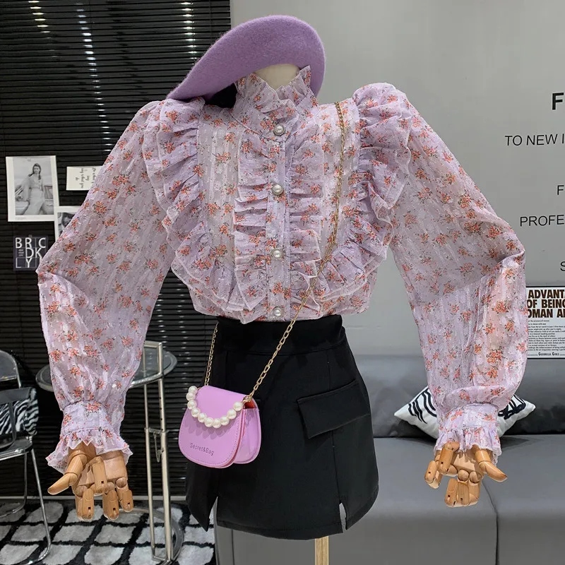 

Sweet girl retro floral ruffled slim fit stylish and versatile shirt top camisas vintage