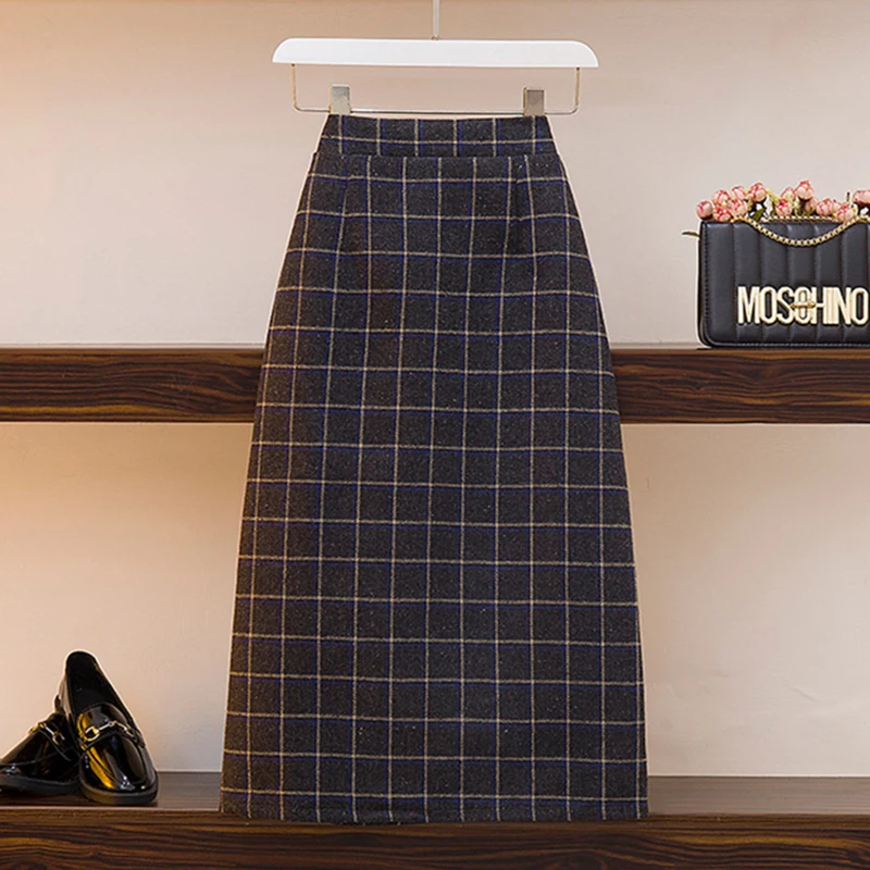 Midi Skirt Woolen Women Vintage Elastic High Waist Plaid Harajuku Skirt Autumn Winter Korean Loose Teens College A-Line Skirt