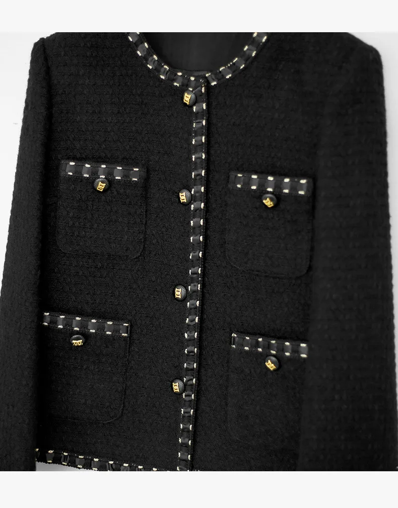 Brand New  Autumn Women High Quality Wool Black Tweed Coat C900