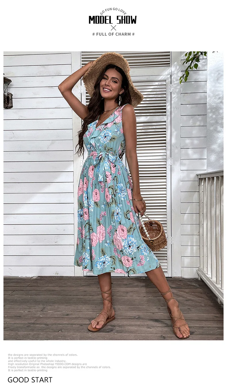 WAYOFLOVE Summer Woman Flower Print Beach Dress Party Elegant Casual Holiday Vestidos Sashes Sleeveless Blue Pleated Mid Dresses