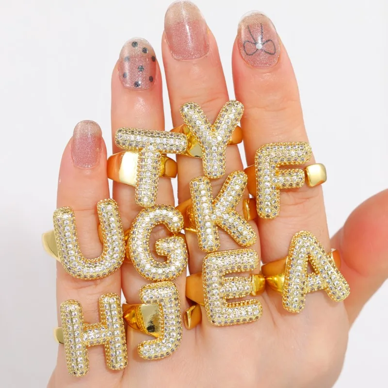 14K Gold Color A To Z Letters Shape Zircon Rings for Women Elegant Fashion Adjustable Ring Jewelry Gifts