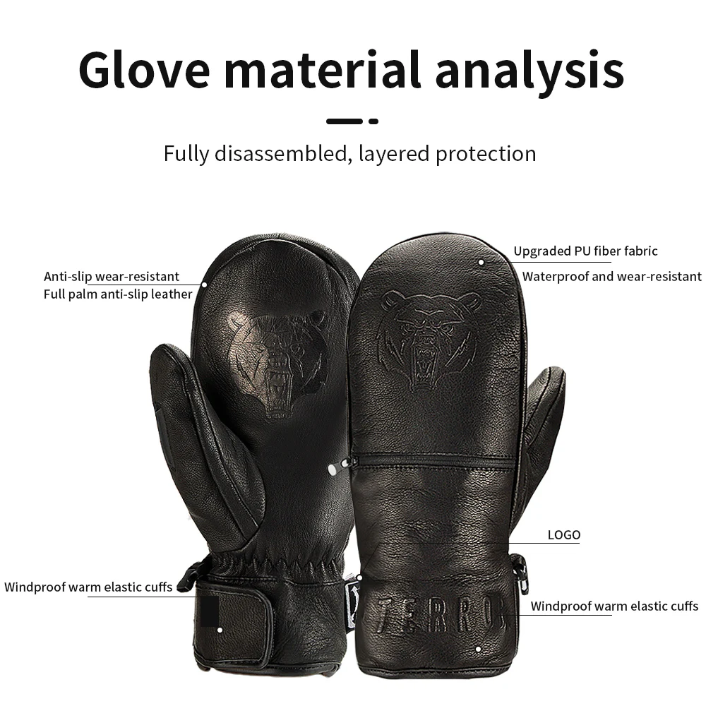 TERROR LEATHER MITTEN pure goat leather Ski gloves Mitten-3M Thermolite Warm -30&deg; cold resistance Five inner fingers Waterproof