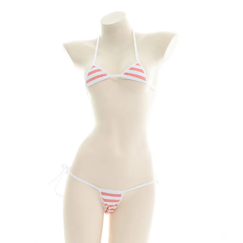 Sexy Bikini Set Women Underwear Pink Blue Stripe Cute Lingerie Micro Bikinis Swimwear Japanese Schoolgirl Anime Cosplay_voghion.com