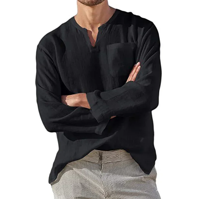 

Men's V-neck Linen Shirt, Long Sleeved Casual Top, Men's Loose Fitting Business Beach Shirt, Men's Clothing