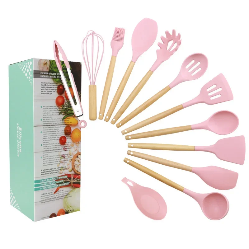 11pcs Pink Silicone Kitchen Cooking Tools Spatula Shovel Soup Spoon with Wooden Handle Special Heat-resistant Design Utensil