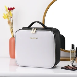 Large Capacity Waterproof Cosmetic Organizer Bag with Brush Compartment & Handle (WHITE)