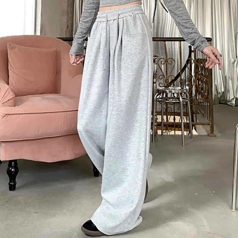 2024 Autumn Women Hip Hop Style Baggy High Waisted Long Pants Lady Versatile Streetwear Solid Color Drawstring Wide Leg Trousers 6