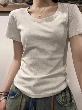 Woman Clothing Short Sleeve T-shirt Slim Fit Tops Female U Collar Knitted Sheath Tee Shirt Street Wear Sexy Sporty 1