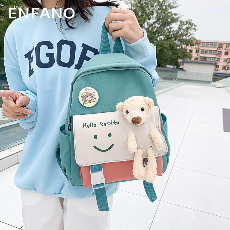 

Enfano New Children's Kindergarten Backpack Cute Plush Bear Stitching Parent-Child Fashion for Primary School Students